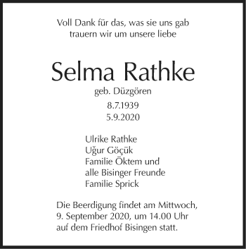 Traueranzeige von Selma Rathke von Hohenzollerische Zeitung