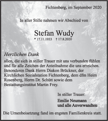 Traueranzeige von Stefan Wudy von Rundschau Gaildorf