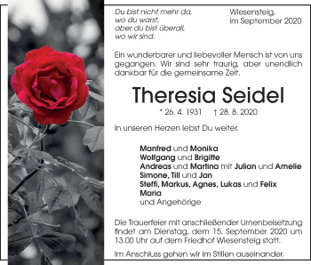 Traueranzeige von Theresia Seidel von Geislinger Zeitung