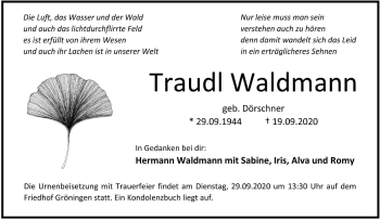 Traueranzeige von Traudl Waldmann von Hohenloher Tagblatt