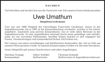 Traueranzeige von Uwe Umathum von Hohenloher Tagblatt