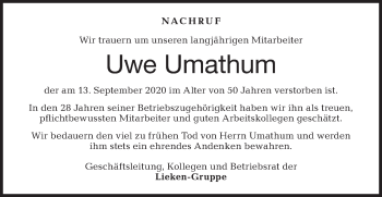 Traueranzeige von Uwe Umathum von Hohenloher Tagblatt