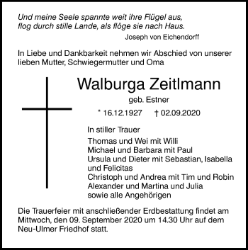 Traueranzeige von Walburga Zeitlmann von SÜDWEST PRESSE Ausgabe Ulm/Neu-Ulm