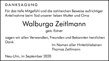 Traueranzeige von Walburga Zeitlmann von SÜDWEST PRESSE Ausgabe Ulm/Neu-Ulm