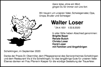 Traueranzeige von Walter Loser von Ehinger Tagblatt