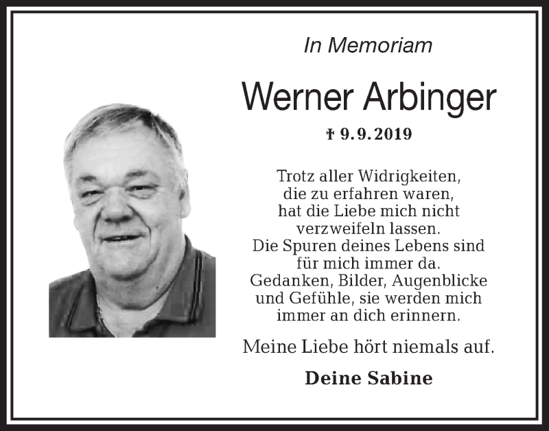  Traueranzeige für Werner Arbinger vom 09.09.2020 aus Haller Tagblatt