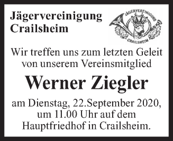 Traueranzeige von Werner Ziegler von Hohenloher Tagblatt