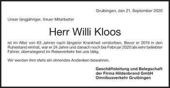 Traueranzeige von Willi Kloos von NWZ Neue Württembergische Zeitung