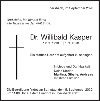 Traueranzeige von Willibald Kasper von NWZ Neue Württembergische Zeitung