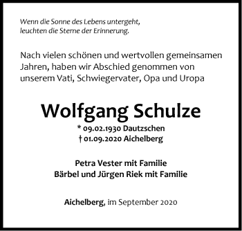 Traueranzeige von Wolfgang Schulze von NWZ Neue Württembergische Zeitung