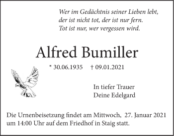 Traueranzeige von Alfred Bumiller von SÜDWEST PRESSE Ausgabe Ulm/Neu-Ulm