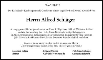 Traueranzeige von Alfred Schläger von Hohenloher Tagblatt