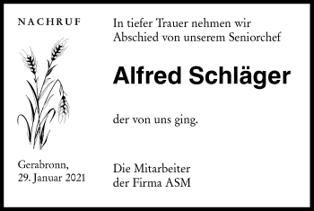 Traueranzeige von Alfred Schläger von Hohenloher Tagblatt