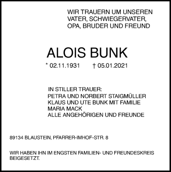 Traueranzeige von Alois Bunk von SÜDWEST PRESSE Ausgabe Ulm/Neu-Ulm