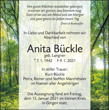 Traueranzeige von Anita Bückle von Geislinger Zeitung