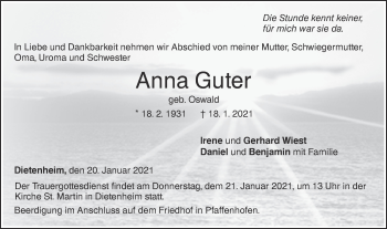 Traueranzeige von Anna Guter von Illertal Bote