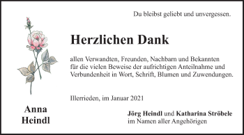 Traueranzeige von Anna Heindl von Illertal Bote