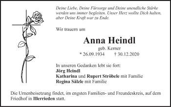 Traueranzeige von Anna Heindl von Illertal Bote