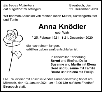 Traueranzeige von Anna Knödler von NWZ Neue Württembergische Zeitung