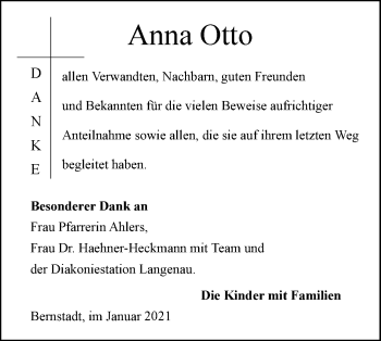 Traueranzeige von Anna Otto von SÜDWEST PRESSE Ausgabe Ulm/Neu-Ulm