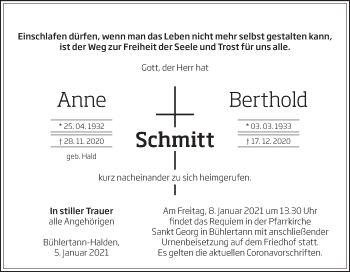 Traueranzeige von Anne Schmitt von Haller Tagblatt