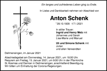 Traueranzeige von Anton Schenk von SÜDWEST PRESSE Ausgabe Ulm/Neu-Ulm