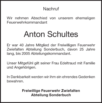 Traueranzeige von Anton Schultes von Alb-Bote/Metzinger-Uracher Volksblatt