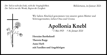 Traueranzeige von Apollonia Knebl von Haller Tagblatt