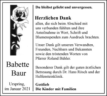 Traueranzeige von Babette Baur von Geislinger Zeitung