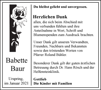 Traueranzeige von Babette Baur von SÜDWEST PRESSE Ausgabe Ulm/Neu-Ulm