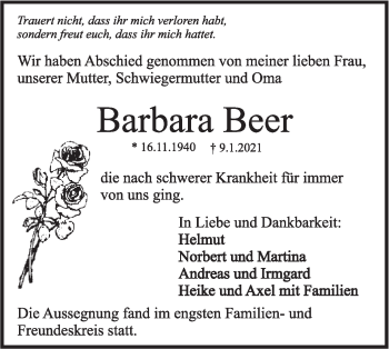 Traueranzeige von Barbara Beer von Rundschau Gaildorf