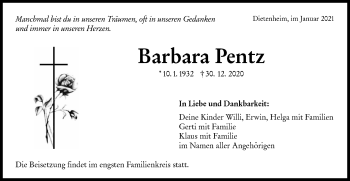 Traueranzeige von Barbara Pentz von Illertal Bote