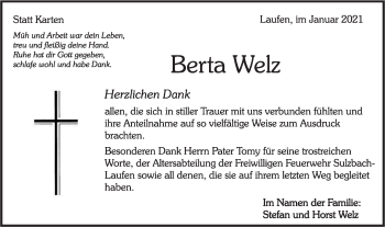 Traueranzeige von Berta Welz von Rundschau Gaildorf