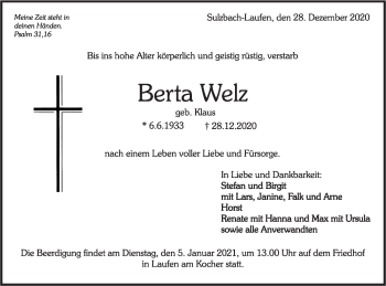 Traueranzeige von Berta Welz von Rundschau Gaildorf