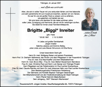 Traueranzeige von Brigitte  Inreiter von Metzinger-Uracher Volksblatt