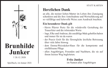 Traueranzeige von Brunhilde Junker von Hohenloher Tagblatt