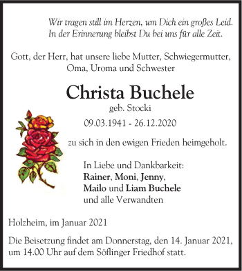 Traueranzeige von Christa Buchele von SÜDWEST PRESSE Ausgabe Ulm/Neu-Ulm