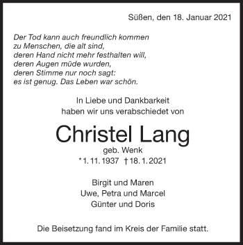 Traueranzeige von Christel Lang von NWZ Neue Württembergische Zeitung