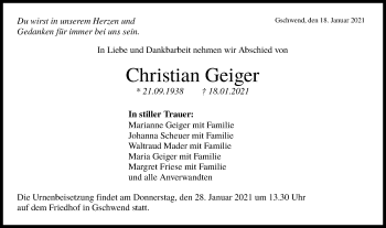 Traueranzeige von Christian Geiger von Rundschau Gaildorf