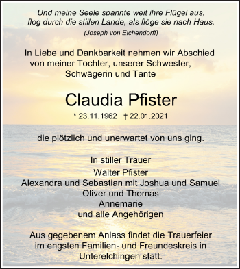 Traueranzeige von Claudia Pfister von SÜDWEST PRESSE Ausgabe Ulm/Neu-Ulm