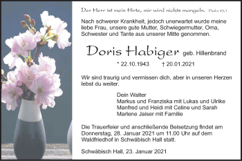 Traueranzeige von Doris Habiger von Haller Tagblatt