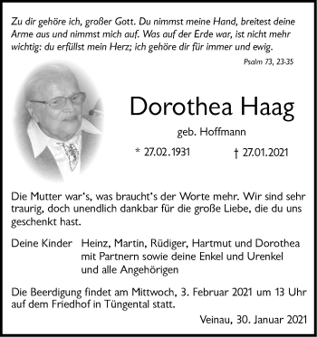 Traueranzeige von Dorothea Haag von Haller Tagblatt