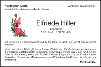 Traueranzeige von Elfriede Hiller von Metzinger-Uracher Volksblatt