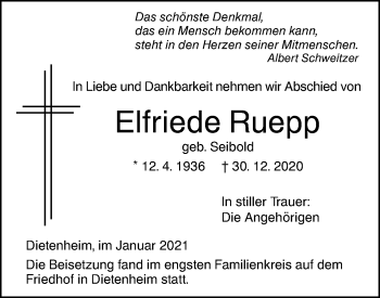 Traueranzeige von Elfriede Ruepp von Illertal Bote