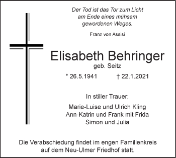 Traueranzeige von Elisabeth Behringer von SÜDWEST PRESSE Ausgabe Ulm/Neu-Ulm