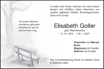 Traueranzeige von Elisabeth Goller von Alb-Bote/Metzinger-Uracher Volksblatt