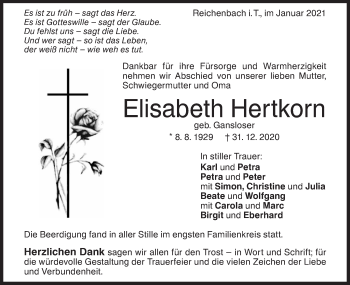 Traueranzeige von Elisabeth Hertkorn von Geislinger Zeitung