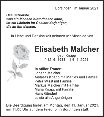 Traueranzeige von Elisabeth Malcher von NWZ Neue Württembergische Zeitung/Geislinger Zeitung