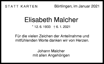 Traueranzeige von Elisabeth Malcher von NWZ Neue Württembergische Zeitung/Geislinger Zeitung