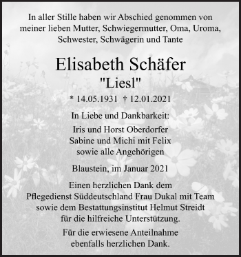 Traueranzeige von Elisabeth Schäfer von SÜDWEST PRESSE Ausgabe Ulm/Neu-Ulm